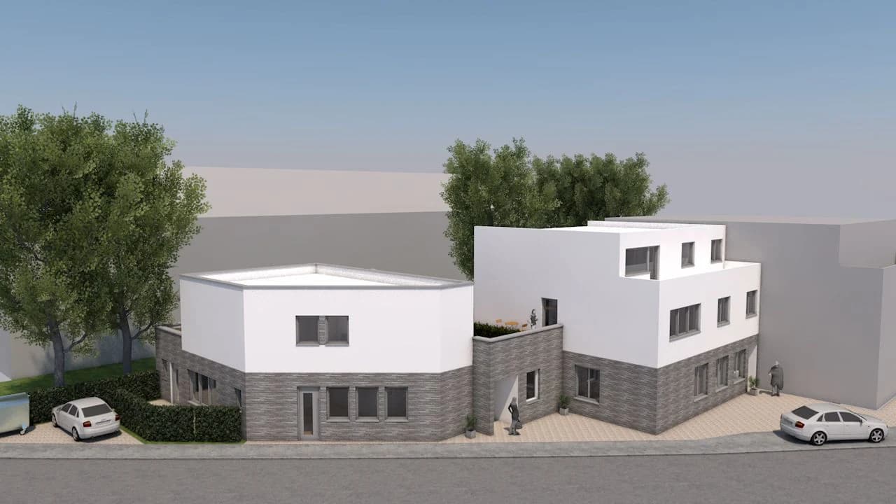 Architekturvisualisierung eines modernen Wohnensembles von der Straßenseite