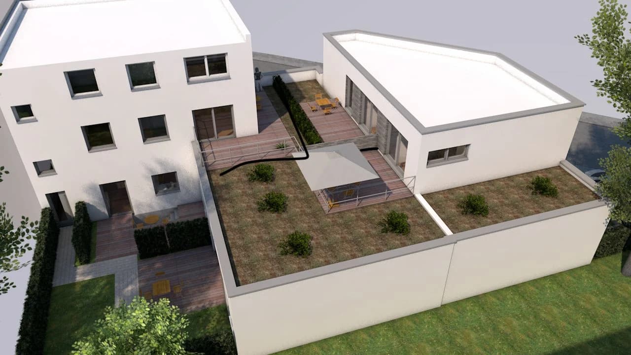 Architekturvisualisierung des begrünten Innenbereichs eines Wohnensembles